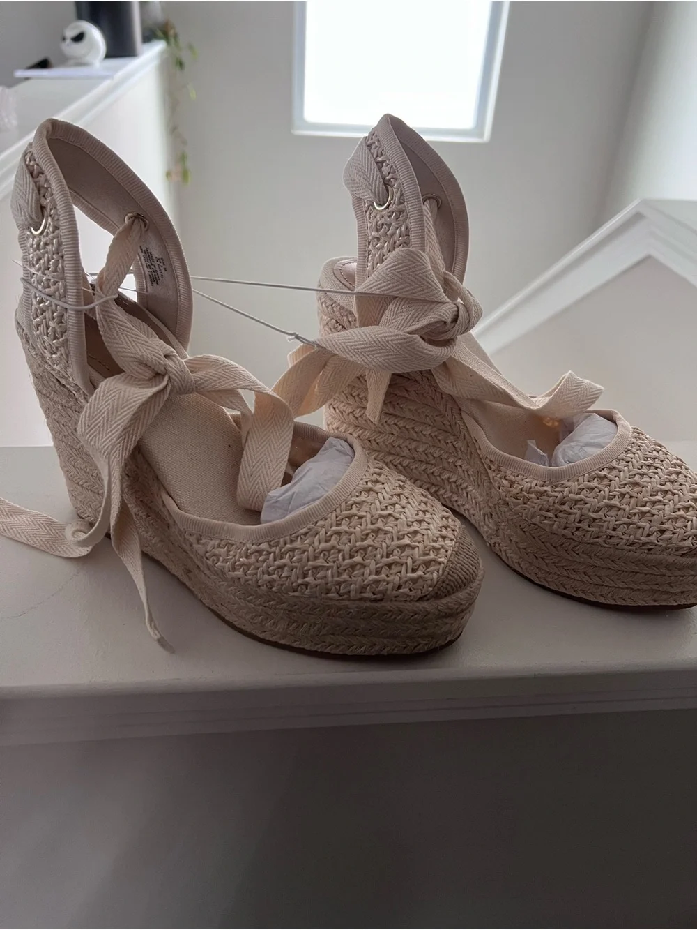 Cream Espadrille Wedge Sandals with Ankle Tie